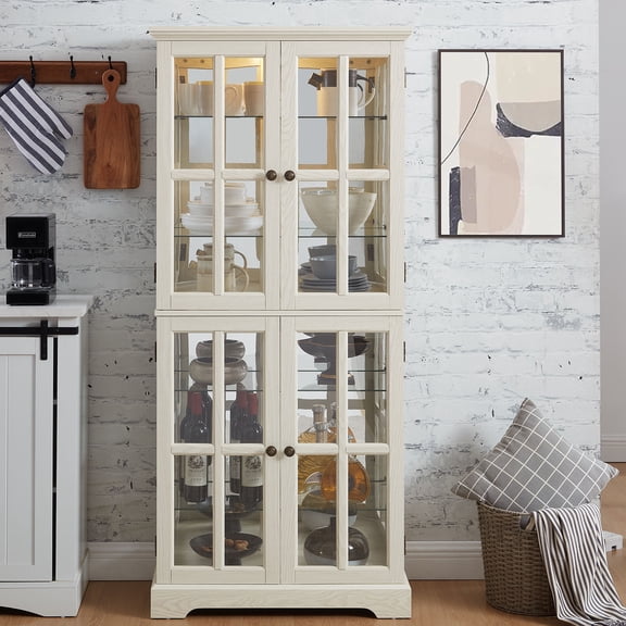YIYADO Antique Display Cabinet, Corner Display Cabinet with Glass Door, Adjustable Shelf with Glass Door, Four Door Design Retro Display Cabinet, E26 Light Bulb, White