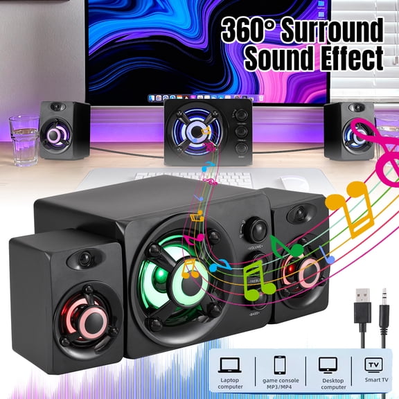 Dazone Computer Speakers with Subwoofer, RGB Gaming Surround Sound Desktop PC Speakers, USB Powered Speakers with Bass for Monitor Laptop, Black
