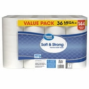 Great Value Soft & Strong Premium Toilet Paper, 36 Mega Rolls, 380 Sheets per Roll