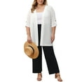 thumbnail image 3 of GRACE & GRANDEUR Women's Plus Size Lightweight Open Front Cardigans Hollow Out Crochet Knit Cardigan 3/4 Sleeve Side Slits Long Cover Up 1X White, 3 of 7