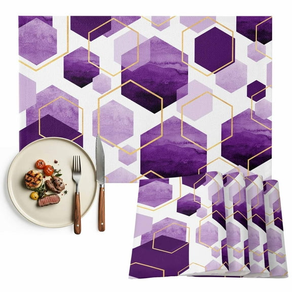 Purple White Gold Geometric Placemats Set of 2, Modern Abstract Hexagon Pattern Table Mats Washable Heat-Resistant Non-Slip Place Mats for Kitchen Dinner Table Indoor Outdoor Decor,13x19 Inch