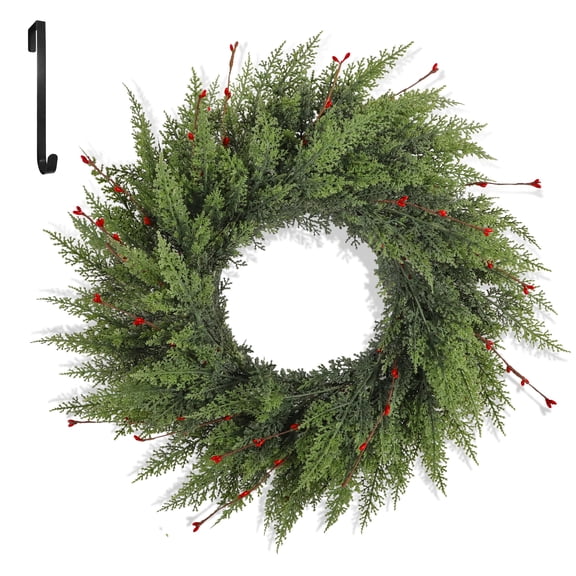 HKKDKTA 24 inch Christmas Wreath with Red Berries,Faux Cedar Wreath for Front Door Windows Xmas Holiday Decor