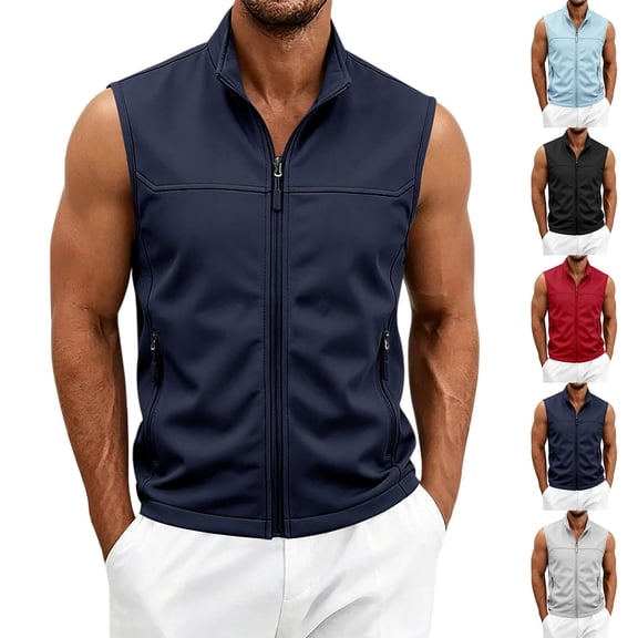 Men's Solid Color Golf Vest, Stand Collar Full Zip Sleeveless Jacket with Zipper Pockets, Lightweight Casual Golf & Outdoor Vest Size 4XL Red