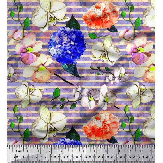 Soimoi Tissu Poly Georgette Rayé & Imprimé Floral Orchidée au Mètre 52 Pouces de Large