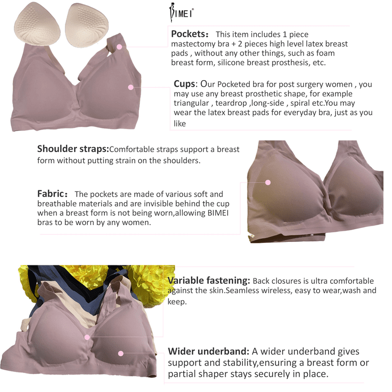 BIMEI Seamless Mastectomy Bra for Women Breast Prosthesis with Pockets  Sleep Bras Soft Daily Bras with Removable Pads,Pink,3XL 