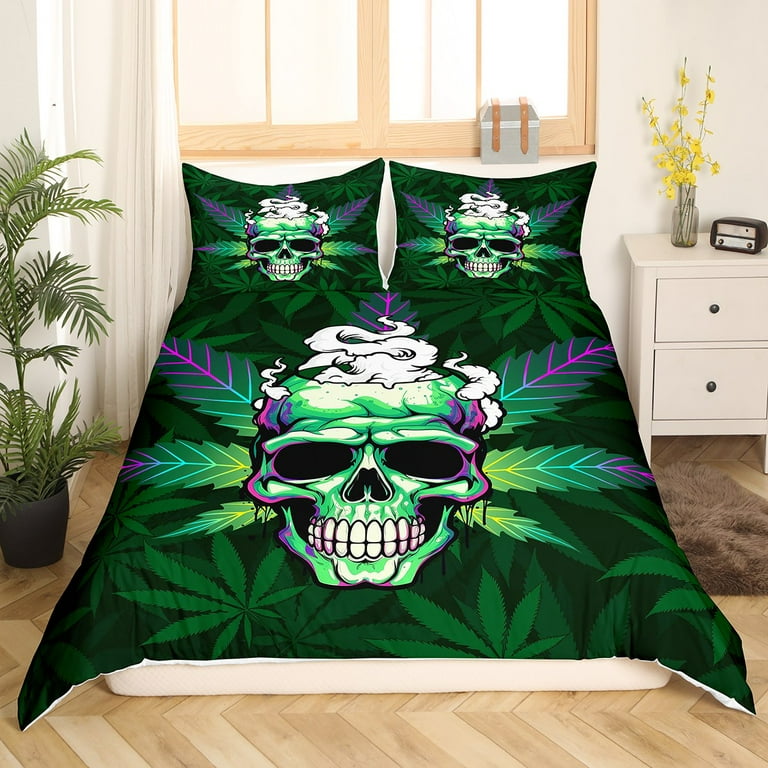 YST Duvet Cover Green,Sugar Skull Comforter Cover for Men Adult Bedroom,  Leaves Bedding Set,Halloween Decoration Bedspread Cover 3 Pieces with ...