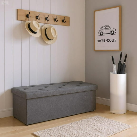 【Foldable Design】Sybels 43 in Storage Ottoman Bench, Padded Seat Foot Rest Stool, End of Bed Storage Chest for Bedroom & Living Room, 660lbs Capacity, Gray