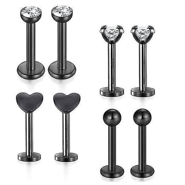 Juego de 4 pares de barras de perforación para labio, calibre 16, 8 mm, acero inoxidable plateado, joyería para piercing tragus helix