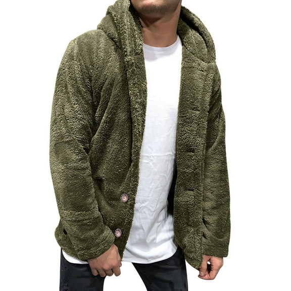 IYTR Comfy Hooded Warm Tops Coat with Pocket Solid Color Long Sleeve Jacket Mens Winter Jacket Button-up Hooded Neck Green XXXL