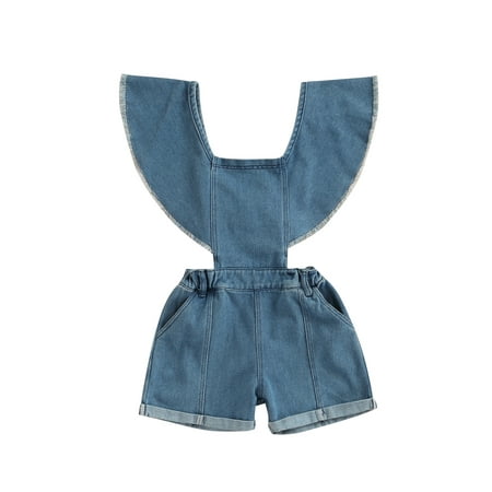 

Toddler Baby Girls Denim Romper Bow Straps Sleeveless Denim Jumpsuit Bodysuit Short Overalls Outfits Fly sleeve 0-5 Years
