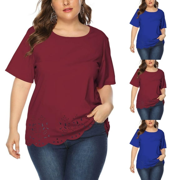 Antinious Summer Tops for Women Trendy,Sweatshirt for Women,Ladies Plus Size Solid Hem Hollow Casual Short Sleeve Crewneck Top/Shirt,Blue,XXXXL