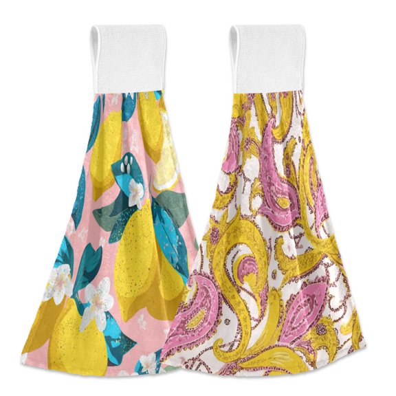 IAUYY Kitchen Hanging Towels Set of 2 100% Polyester Absorbent, Super Soft Hand Towels with Hanging Loops for Bathroom Kitchen Bright Yellow and Blue Colors Bohemian Pattern