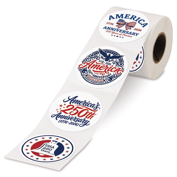 Current 250th Anniversary Rolled Sticker, Set of 252, 4 Whimsical Designs, 1.75" Diameter, Printed in the USA, Great for Cards, Gifts, Stationary, and More