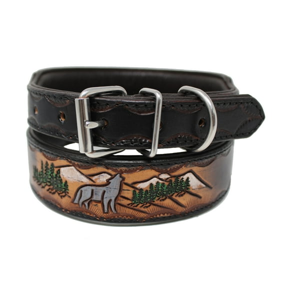 Large 21''- 25'' Padded Leather Dog Collar Heavy Duty Floral Tooled 60FK26