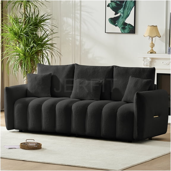 JERFIT Modern Velvet 2-Seater Sofa with Ottoman and Pillows, Small L-Shaped Couch for Living Room, Cloud-Like Comfort, Olive Green