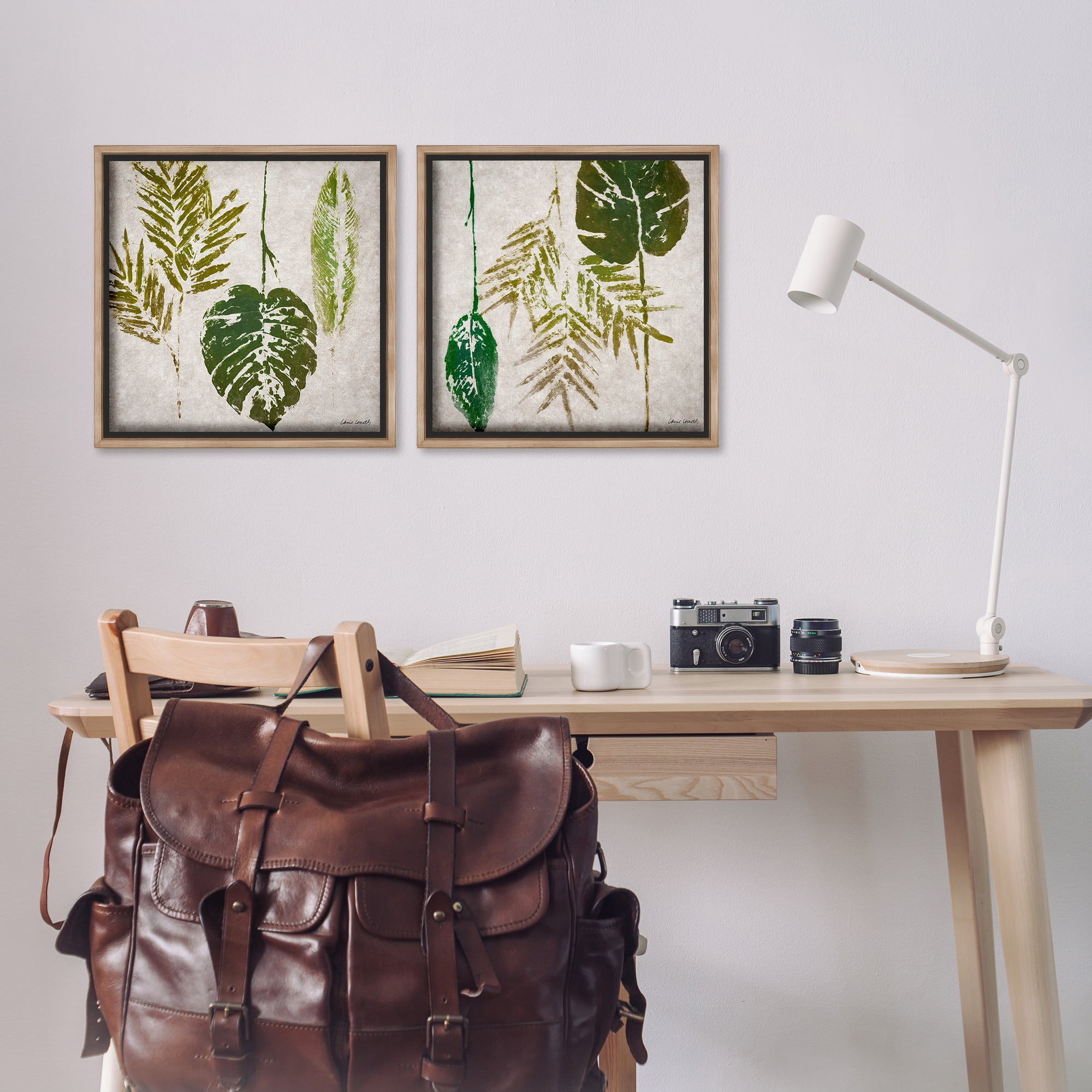 Stupell Industries Monstera Stamped Palm Leaves Plants & Flowers Painting Brown Floater Framed Canvas Art Print Wall Art, 18 x 18, Set of 2