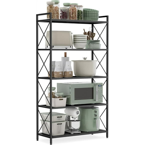 SONGMICS 5-Tier Metal Storage Rack, Shelving Unit with X Side Frames, Dense Mesh, for Entryway, Kitchen, Living Room, Bathroom, Industrial Style, Ink Black