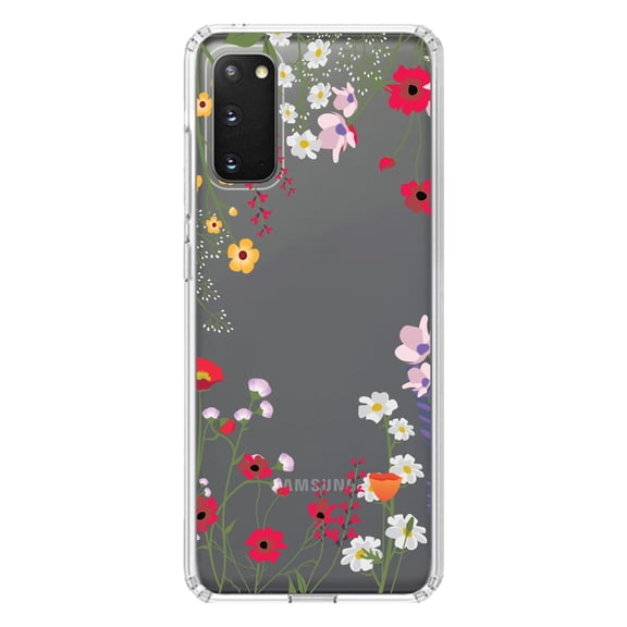 DistinctInk Clear Shockproof Hybrid Case for Galaxy S20 ULTRA / 5G (6.9" Screen) - TPU Bumper Acrylic Back Tempered Glass Screen Protector - Wildflowers Border Blue Pink Purple