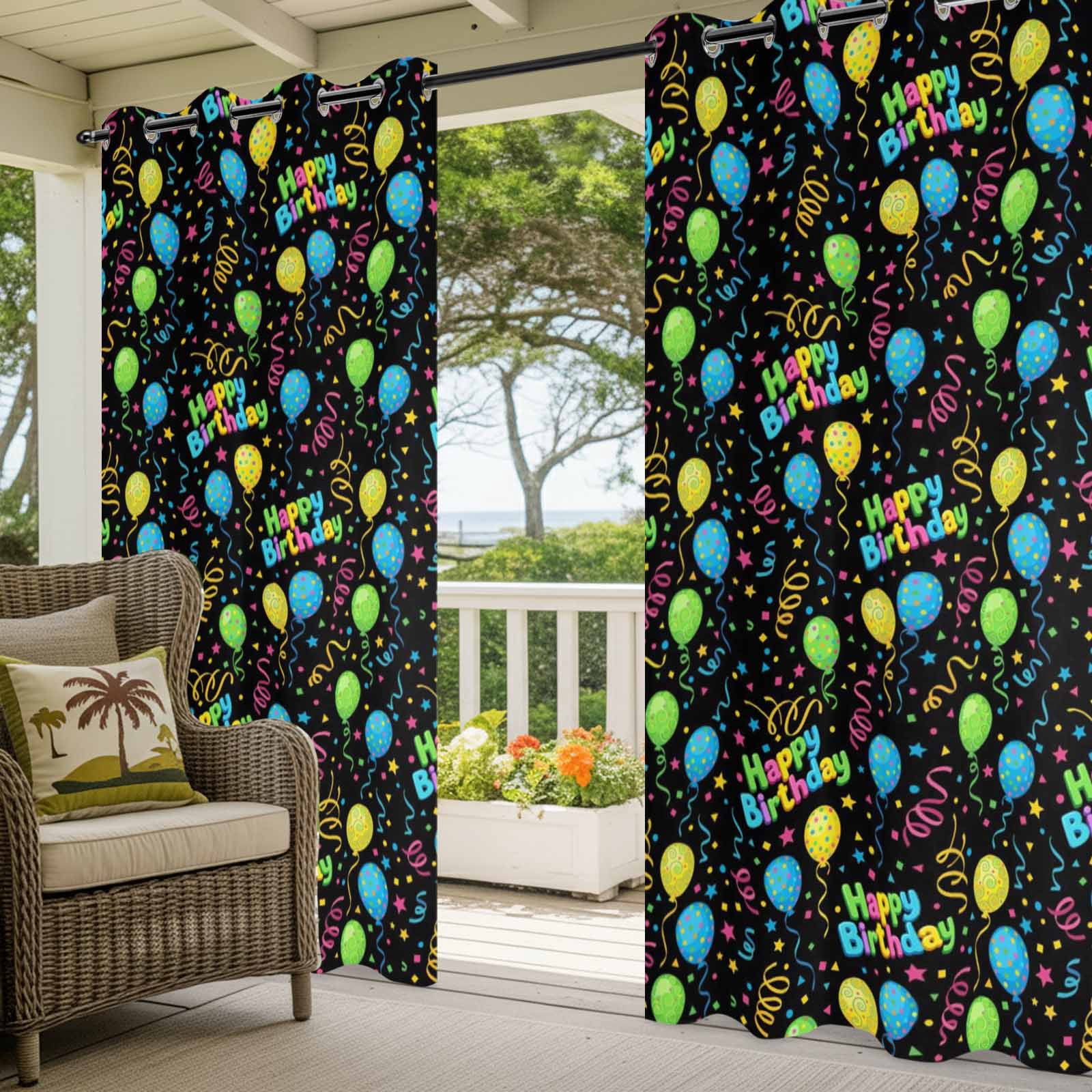 Balloon Stars Outdoor Curtains for Patio, Festival Happy Birthday Blue Green Yellow Balloon Black Sunshade Privacy Drapes Grommet Waterproof Outside Curtains for Porch Balcony 54"x108", 1 Panel
