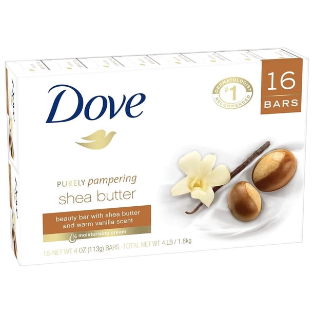 Dove Purely Pampering 16-4 OZ Jabones en barra de manteca de karité Aroma cálido de vainilla 64 OZ Blanco