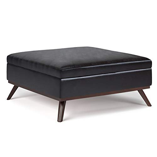 SIMPLIHOME Owen Table Basse Carrée de 36 Pouces de Large avec Dessus Relevable et Rangement, Pouf Repose-Pieds de Cocktail en Similicuir Aéré Brun Tanners Rembourré, Style Milieu du Siècle Moderne, Salon