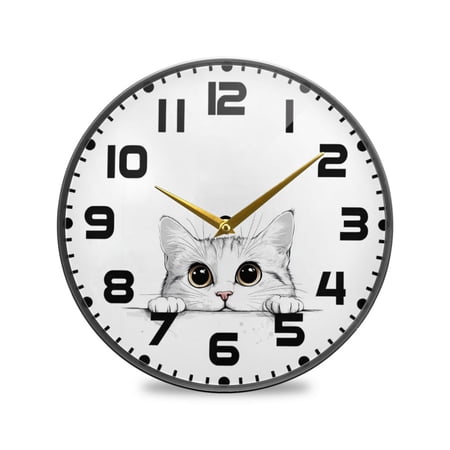 Yayeee Wall Clock for Living Room 9 . 5 inch Battery Operated Round with Holder, White Cat