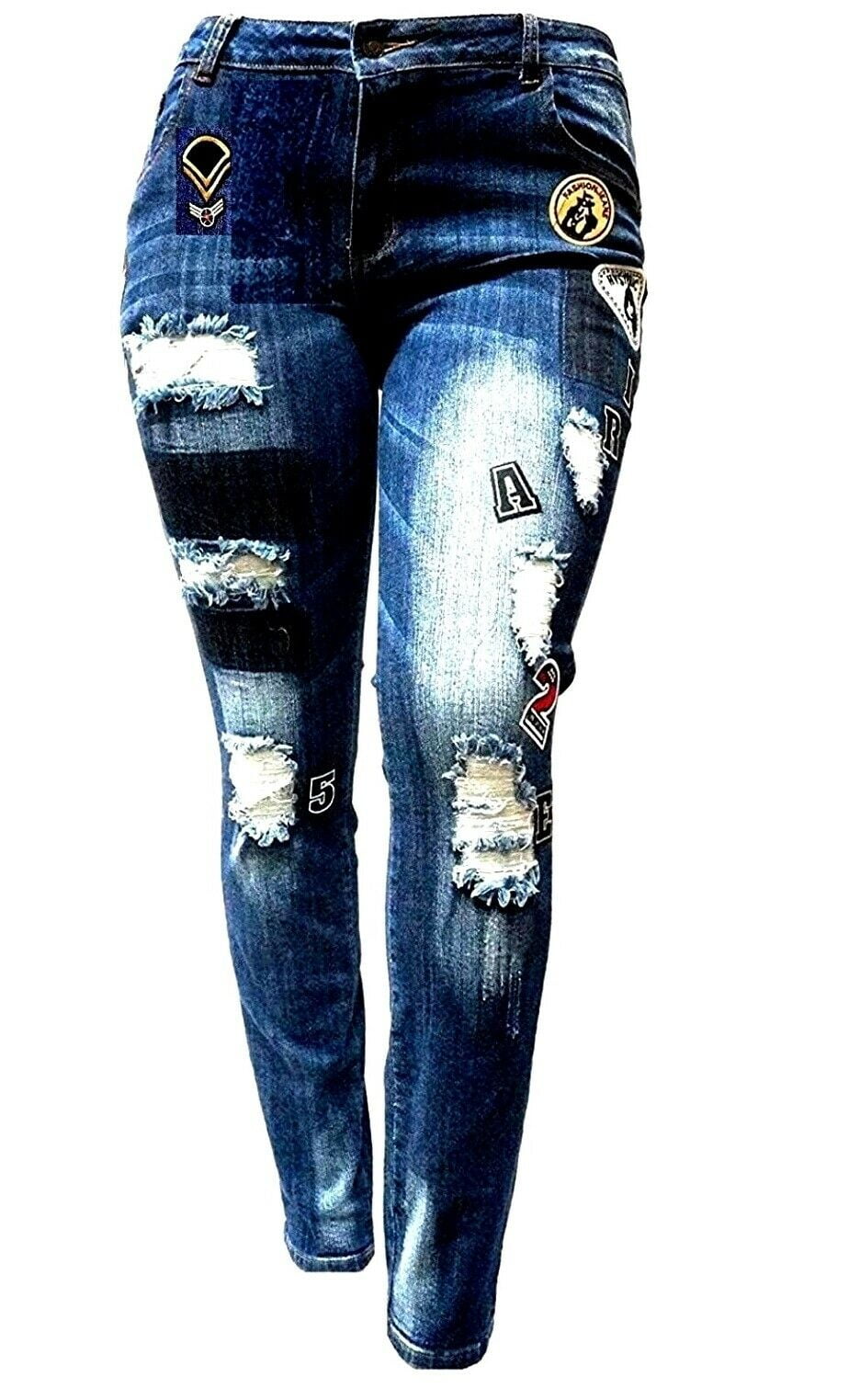 Womens PLUS SIZE Ripped Distressed Patches BLUE Denim Jeans Patch ...