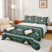 Homewish Green Aztec Bed Sheets 4pcs, Bohemian Geometric King Sheets, Rustic Lodge Cabin Farmhouse Sheet Set, Ultra Soft Home Decor