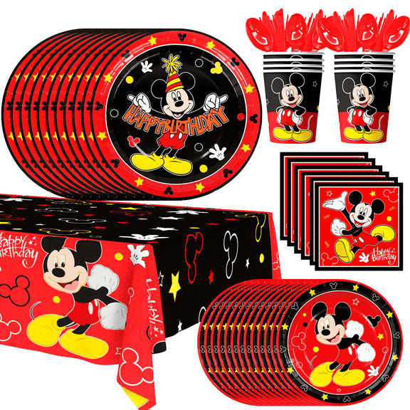 Mouse Party Supplies, 141pcs Mouse Birthday Tableware Set - Mouse Paper Plates and Napkins & Mouse Party Cups Tablecloth etc Mouse Theme Party Tableware for Boys Kids