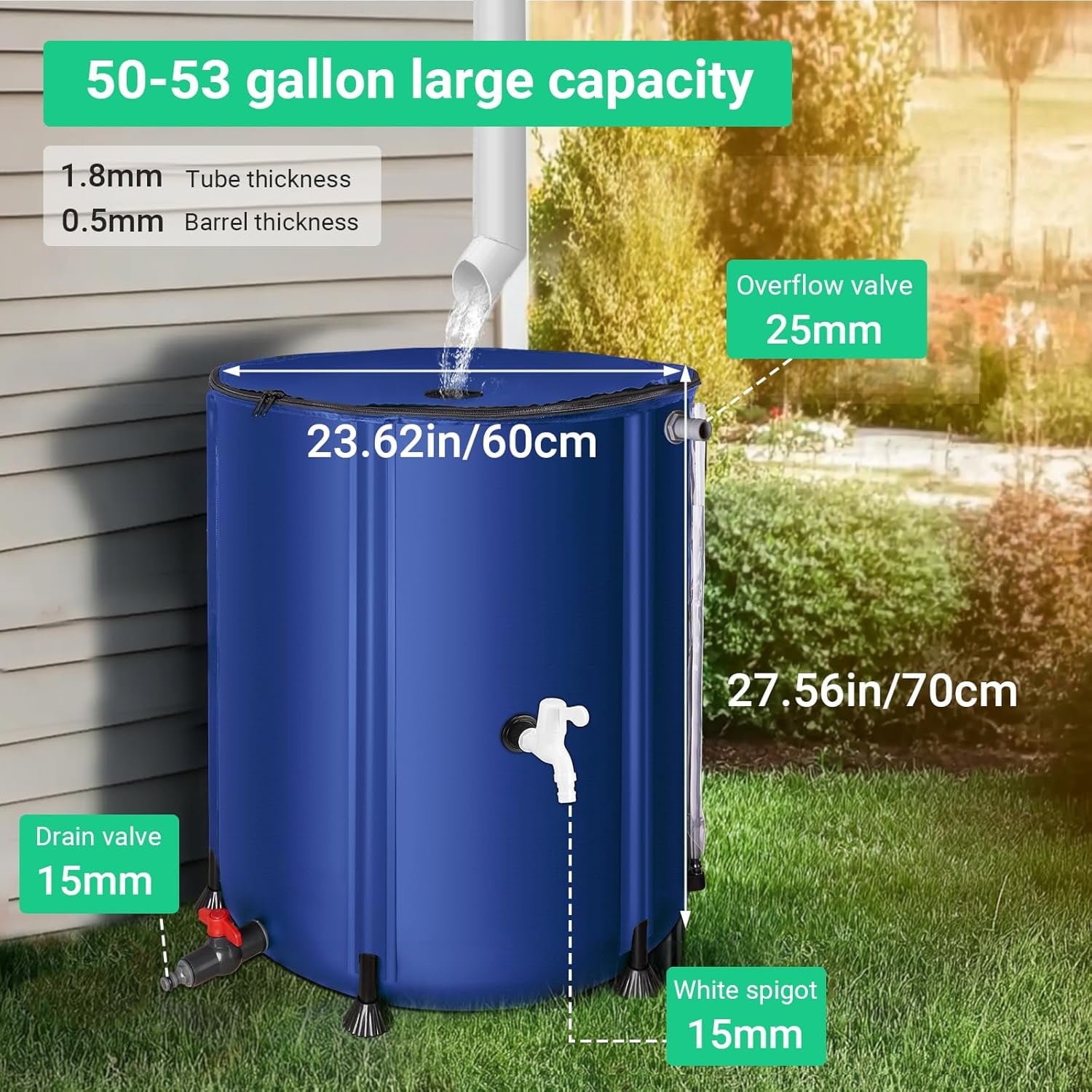 Collapsible Rain Barrel 53 Gallon Rainwater Collection Storage Tank with Garden Hose, Blue