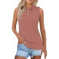 thumbnail image 2 of WTOBBY Women's Solid Color Lapel Button Sleeveless Vest Casual Top, Summer Fashion Polo Style, Lightweight and Breathable, Ideal for Casual or Active Wear,Watermelon Red 2XL, 2 of 5