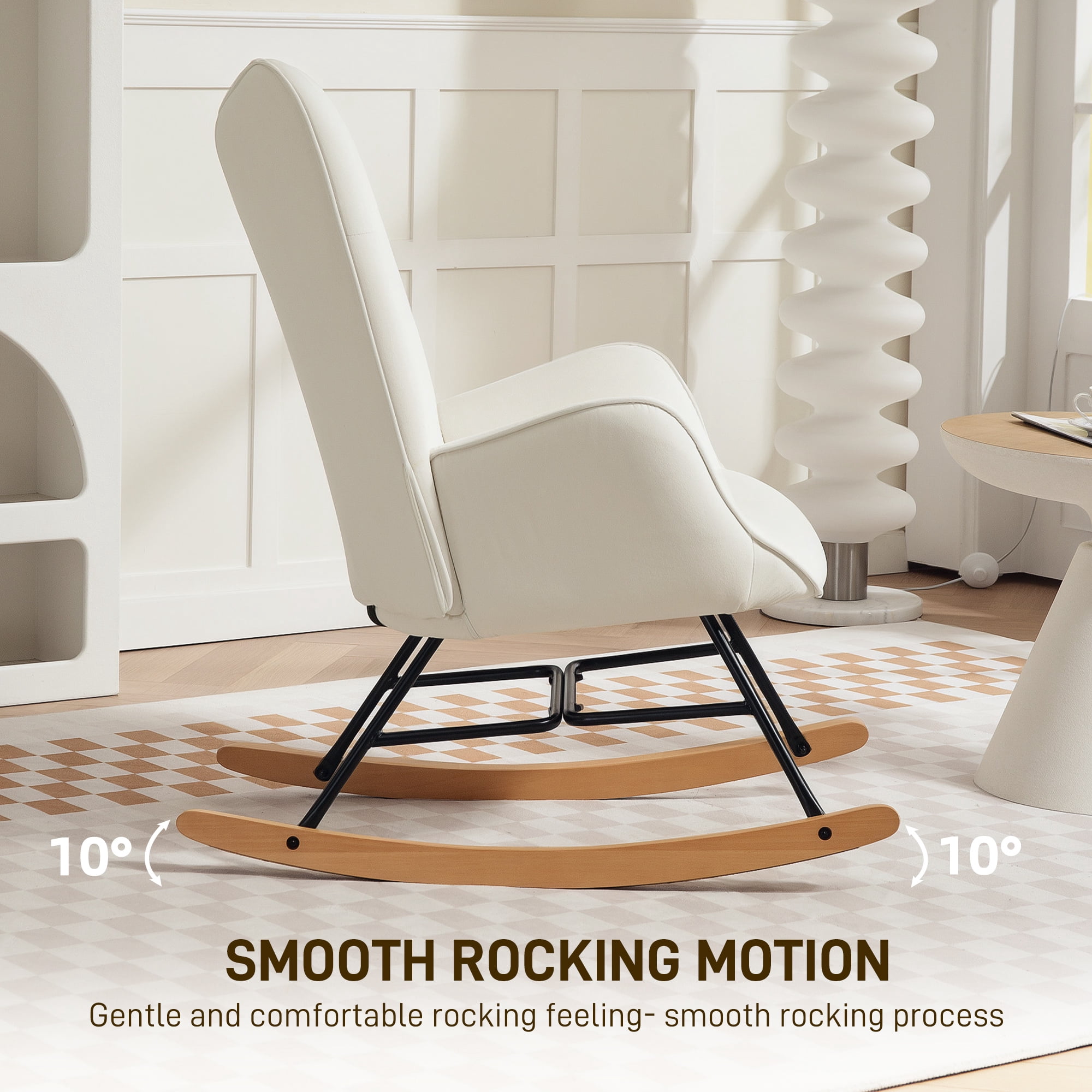 Segmart Velvet Rocking Chair with High-Density Foam Cushion, Upholstered Accent Chair with Wide Backrest, Gentle Rocking Motion, Cream Armchair for Living Room Bedroom Nursery