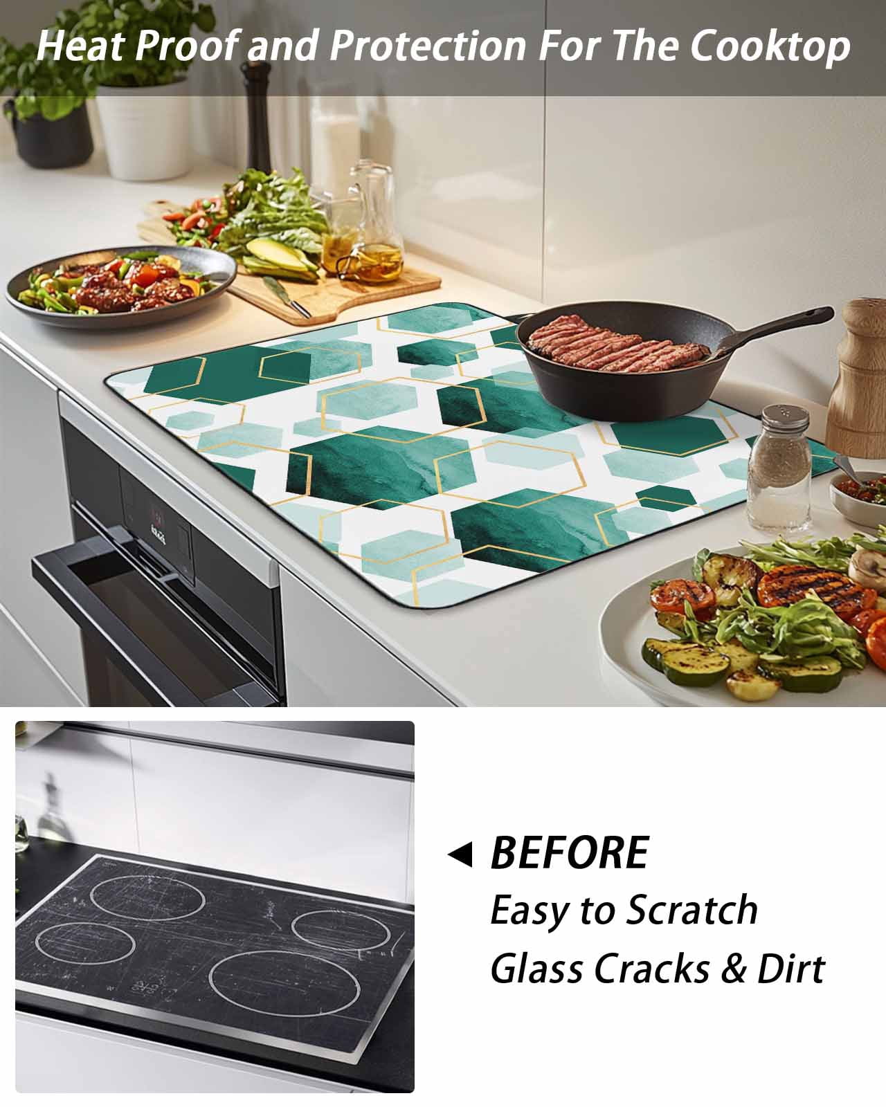 Stove Top Covers for Electric Stove, Turquoise Marble Glass Stovetop Cover Protector, Gold White Geometric Hexagon Modern Induction Cooktop Protector Oven Mat for Kitchen Countertop 24"x21"
