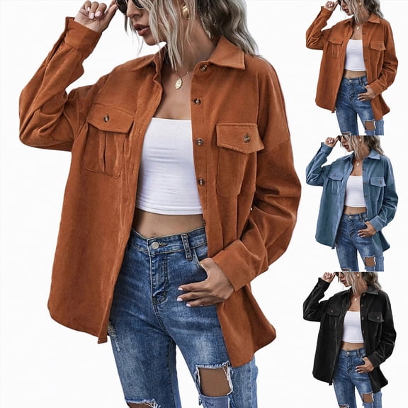 vigerkar Womens Long Sleeve Button Down Boyfriend Shirts Casual Shacket Jacket Coats (Blue, XL)