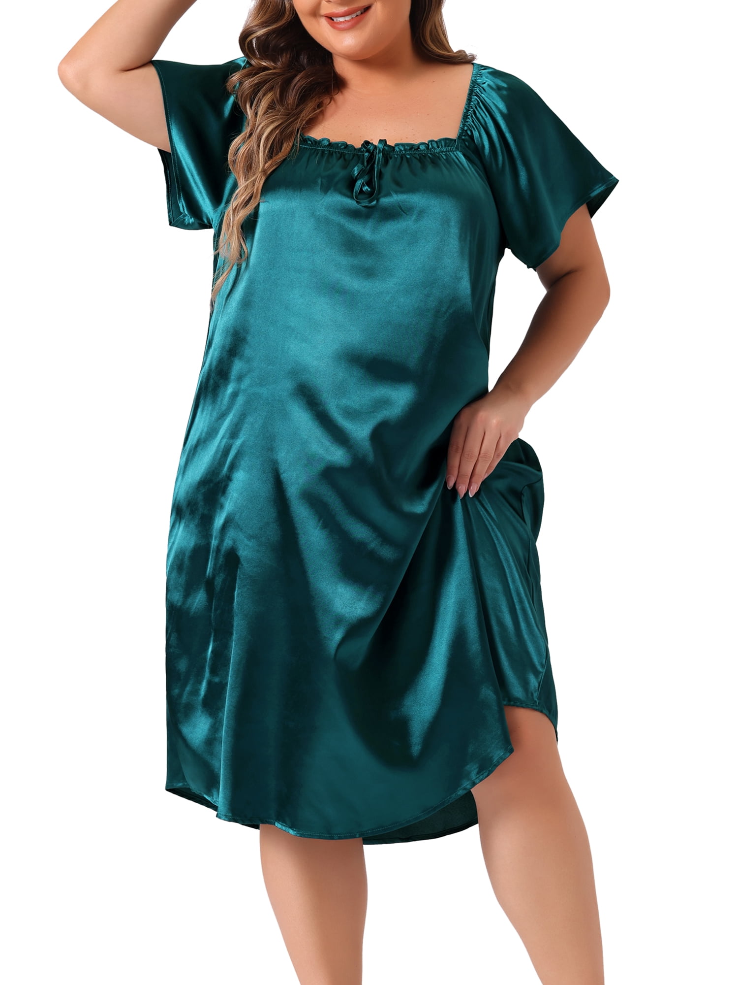 DARING DIVA Women's Plus Size Satin Silk Pleated Loose Nightgown 1X Peacock Blue