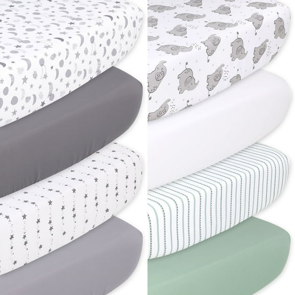 The Peanutshell Celestial Stars and Elephant Fitted Crib Sheets, Unisex 8-Pack Set, Grey, Green
