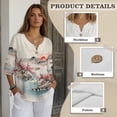 thumbnail image 6 of Xoenoiee Plum Blossom Mountain Sunset Print Women's Vintage Linen Tops 3/4 Sleeve Boho Summer Graphic Tees Tunic Shirts Casual Loose Button Blouses, 2XL, 6 of 7