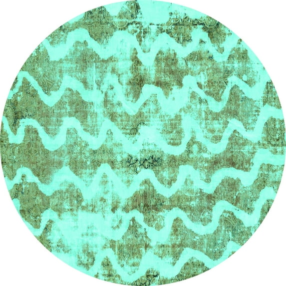 Ahgly Company Machine Washable Indoor Round Abstract Turquoise Blue Modern Area Rugs, 3' Round