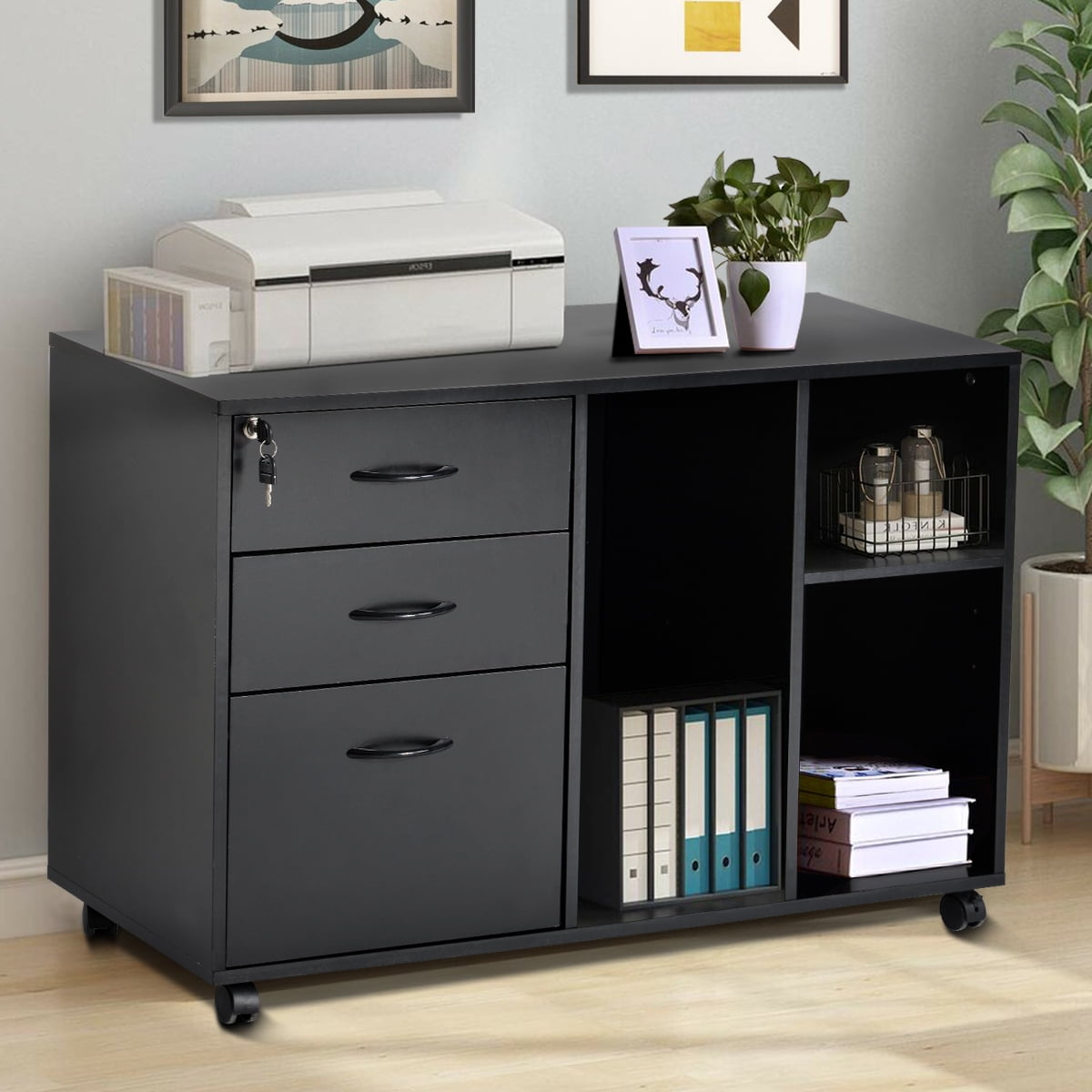 Details about   File Cabinet with Drawers and Wheels Open Storage Shelves for Study Home Office 