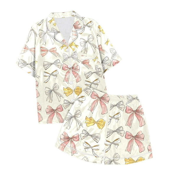 Vêtements de Nuit et Peignoirs pour Filles pour Enfants Ensemble de Pyjama Deux Pièces à Manches Courtes Imprimé Nœud pour Filles Ensemble de Vêtements de Nuit Confortable