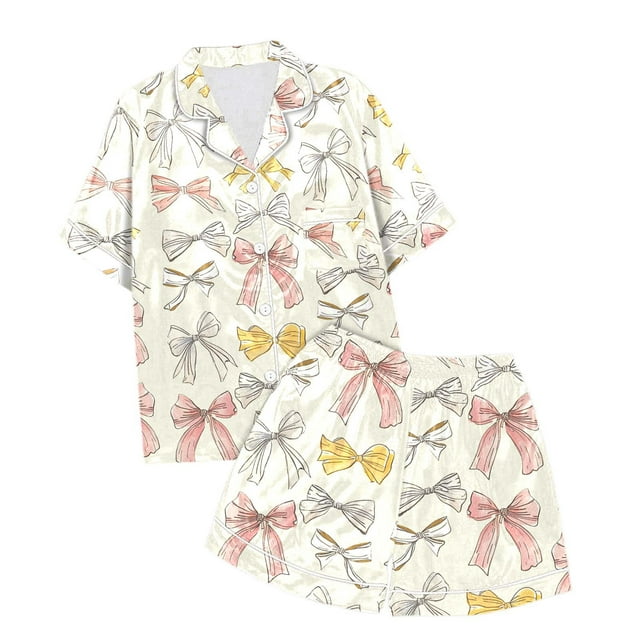 WEAIXIMIUNG Children's Girls Bow Printed Short Sleeve Shorts Two Piece Pajama Set 12-13 Years