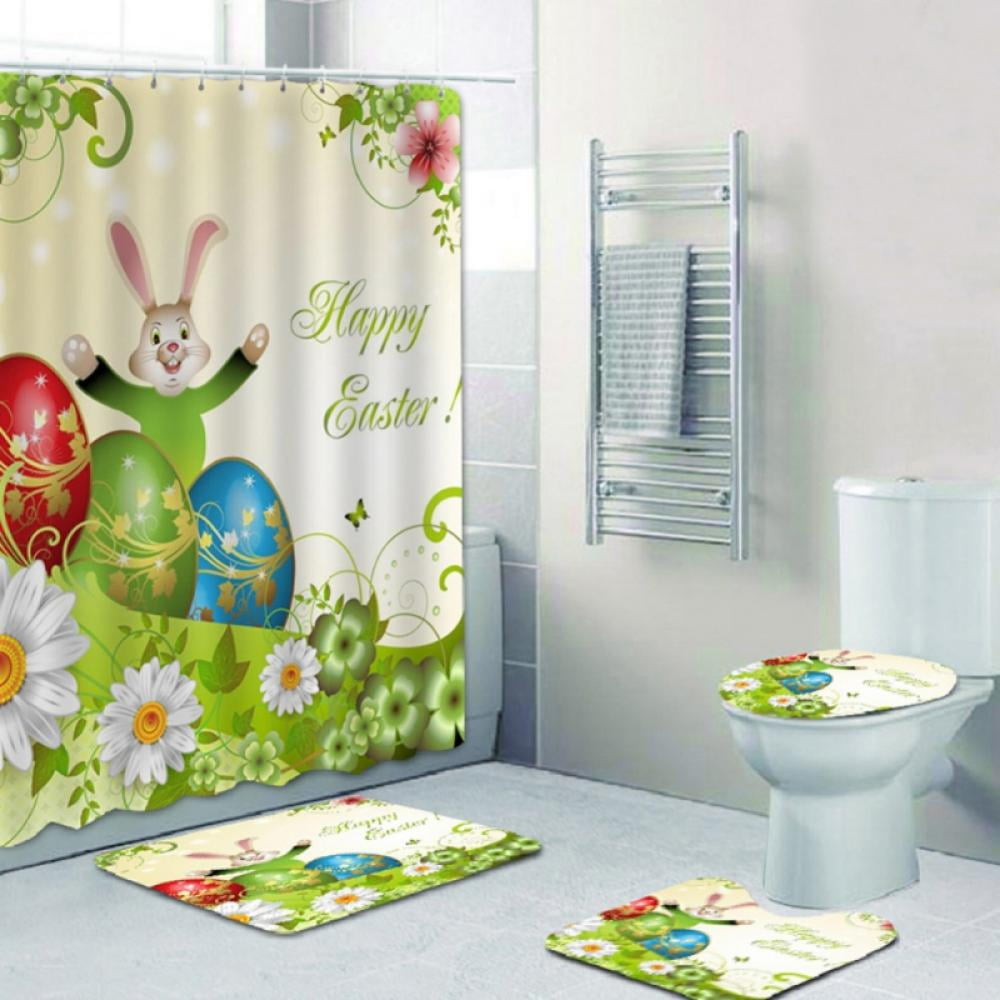 Rabbit and Floral Shower Curtain Toilet Cover Rug Bath Mat Contour Rug Set 