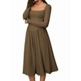 thumbnail image 2 of Women'S Spring and Autumn Fashion Square Neck Long Sleeve Casual A-Line Midi Dress Brown S, 2 of 8