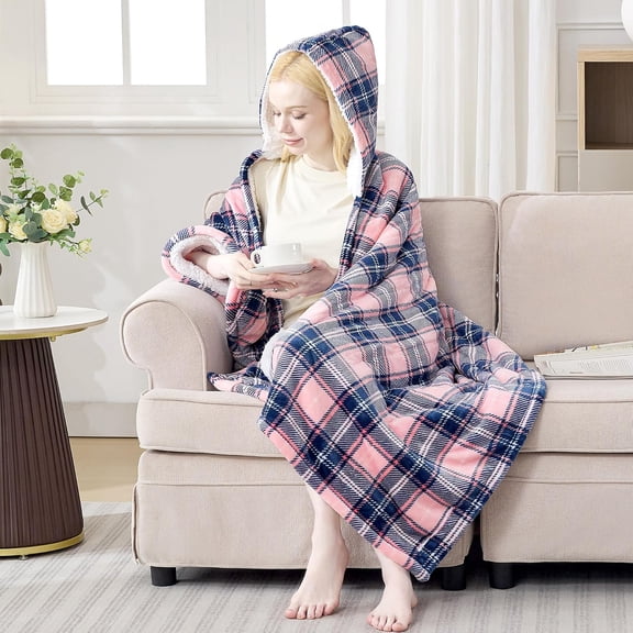 Electric Blanket Wearable Heated Shawl with Hood & Pockets – 6 Heat Settings, 4H Auto-Off, Flannel & Sherpa Reversible, Cozy Plaid Heated Throw Blanket for Home, Couch, or Gift, 40"x70", Pink
