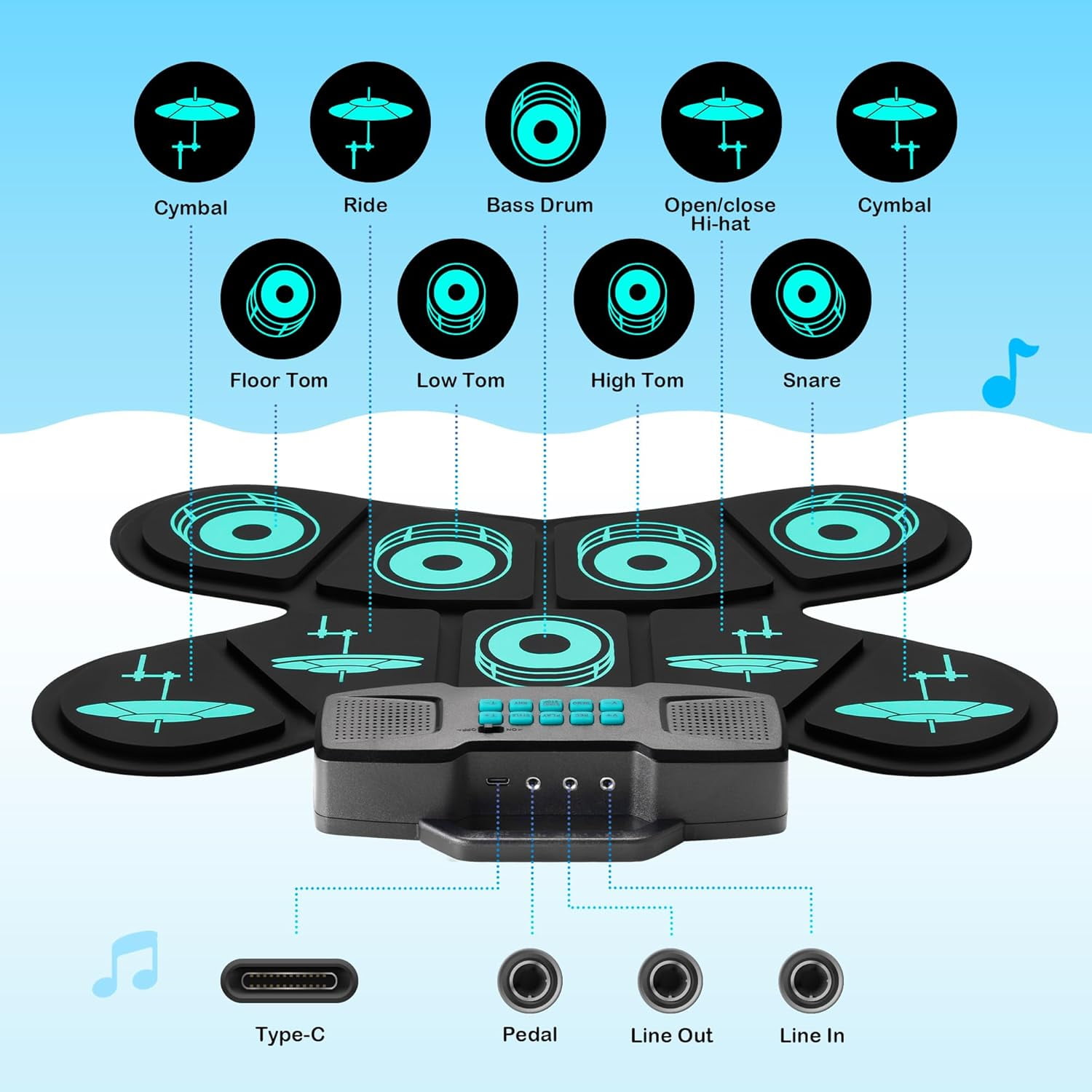 Portable Electronic Drum Set, 9-Pad Tabletop Drum Kit with Headphone Silent Mode & Drum Sticks/Pedals, MIDI Connectivity, Ideal Music Starter Gift for Boys & Girls Ages 3-8