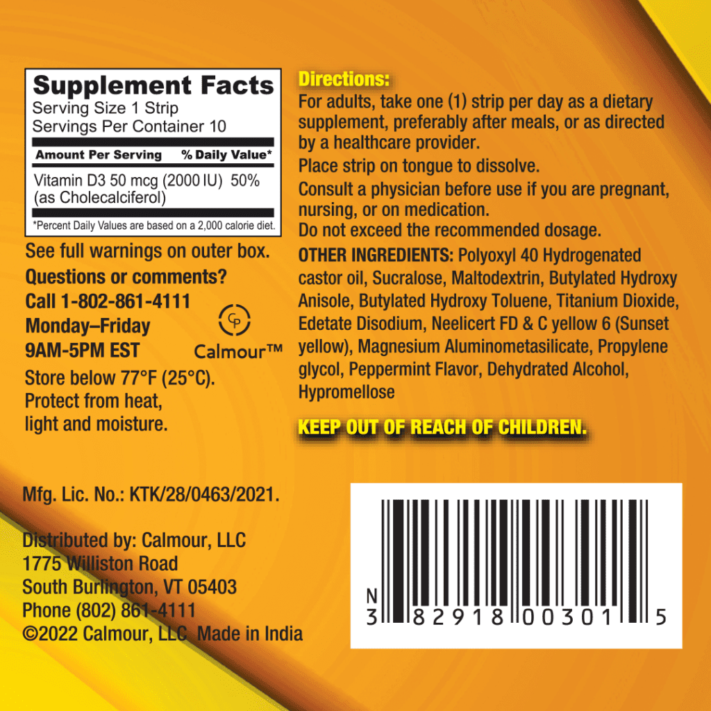Calmour Vitamin D3 Quick Dissolving Oral Strips Dietary Supplements Pack of 100