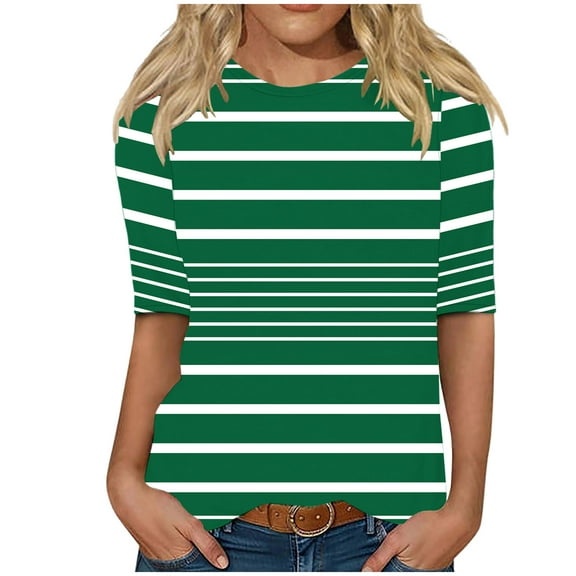 Striped Tee Shirts for Women Round Neck 3/4 Sleeve Shirt Tops Trendy Color Block Casual Loose Comfort Stretch Blouses Army Green M