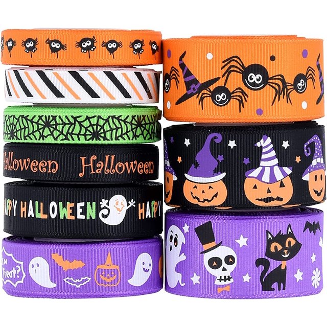 9 cintas de grosgrain artesanales de Halloween Varias cintas artesanales de grosgrain, magos con temas de Halloween, calabazas, linternas, fantasmas, arañas, esqueletos, castillos JAMW Sencillez