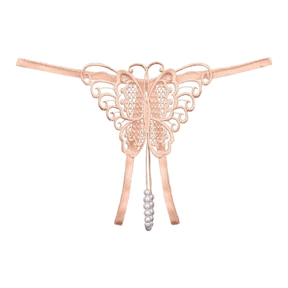 BKQCNKM Thongs for Women, Lace Underwear for Women, Lace Thongs, Cutout Pendant Pearl Beads Butterfly G String Thong Underpants, Valentines Day Underwear,Beige L