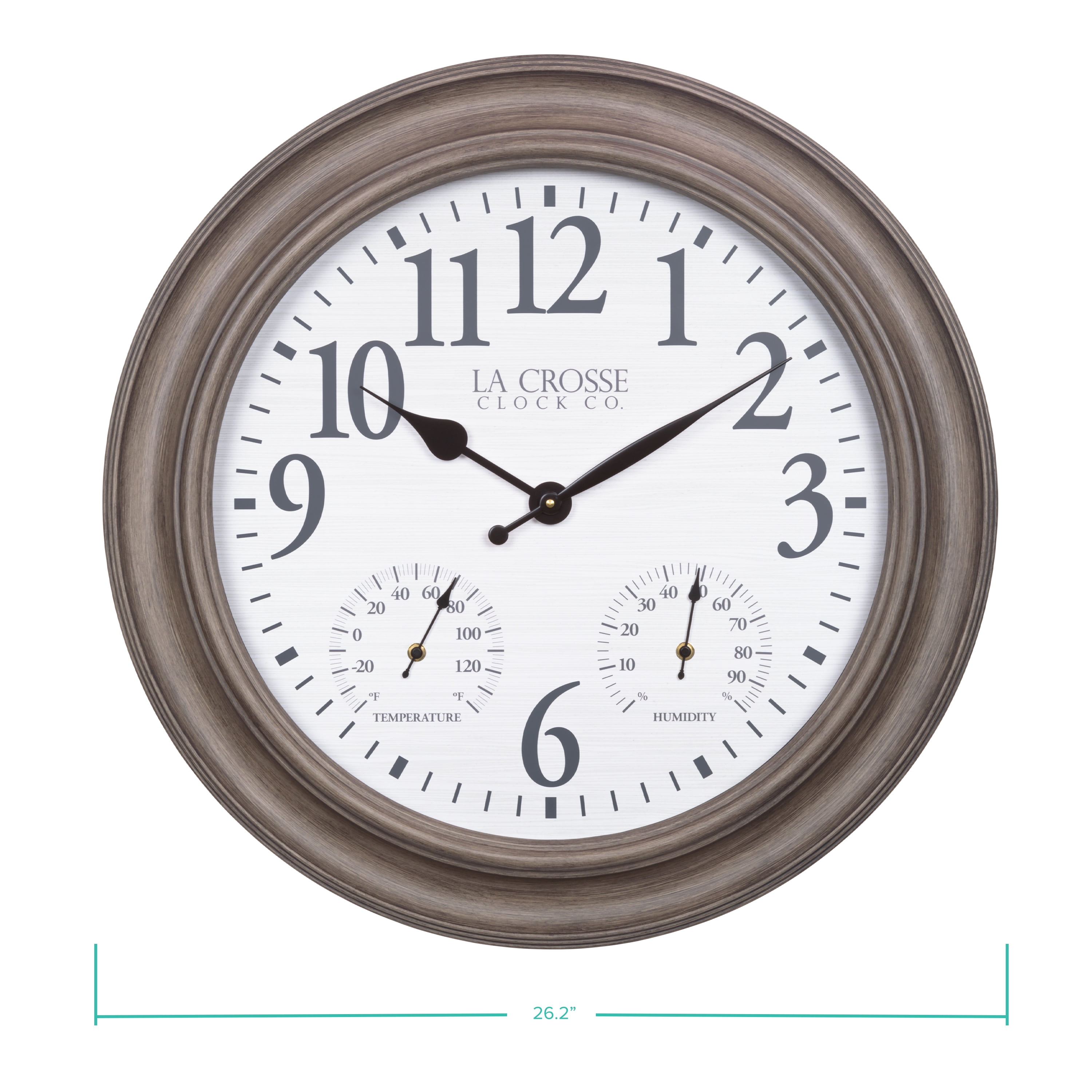 La Crosse 26.2" Outdoor Gray Oak Analog Quartz Wall Clock with Temp & Humidity, 433-3267TH